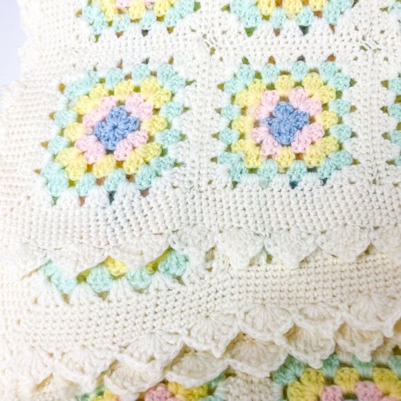 Handmade Crochet Baby Blanket Granny Squares 24" X 40" Pastel Colors Afghan - Picture 2 of 3